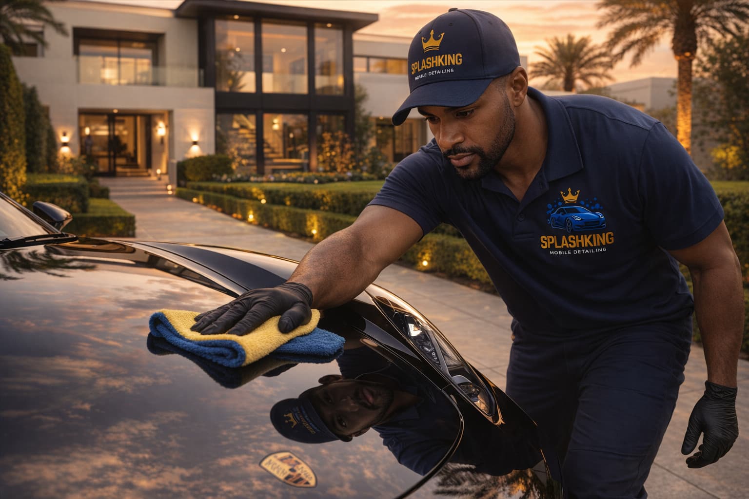 Professional detailer with brown skin polishing a luxury car in a high-end mansion driveway