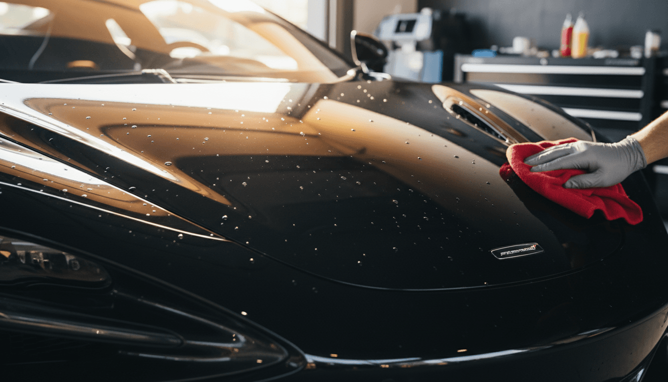 Close-up of perfectly detailed car paint with water beads and glossy finish