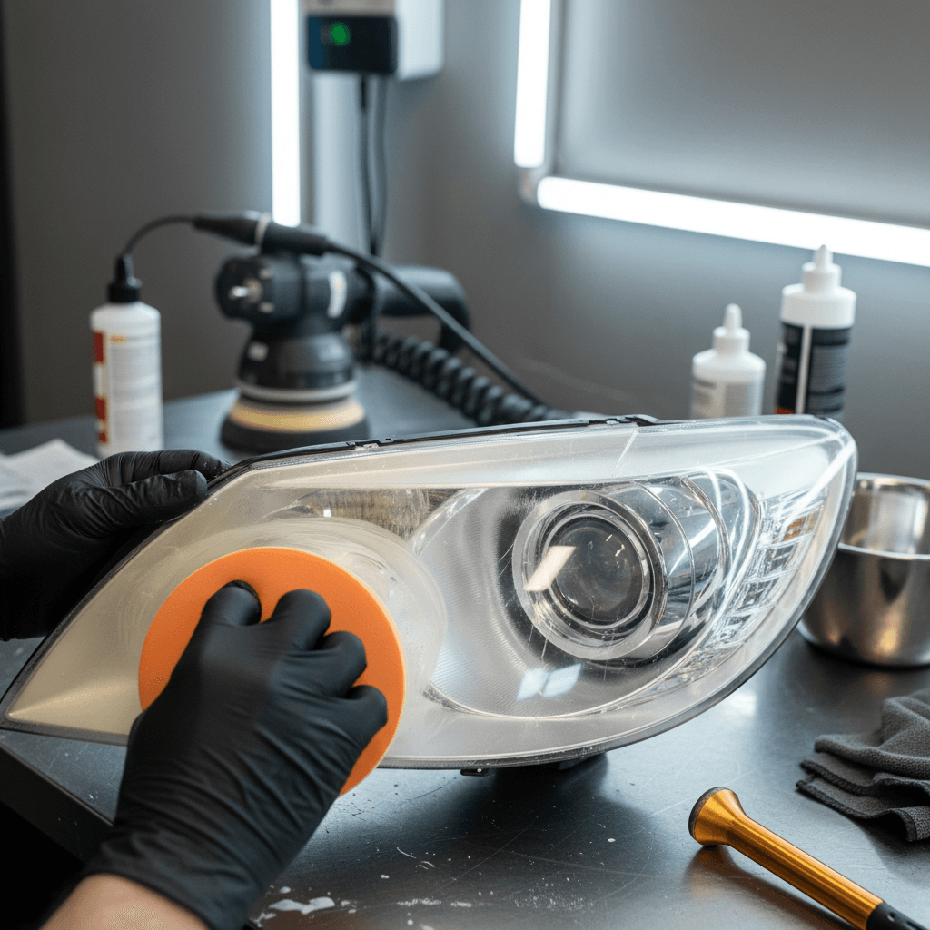 Headlight restoration close-up