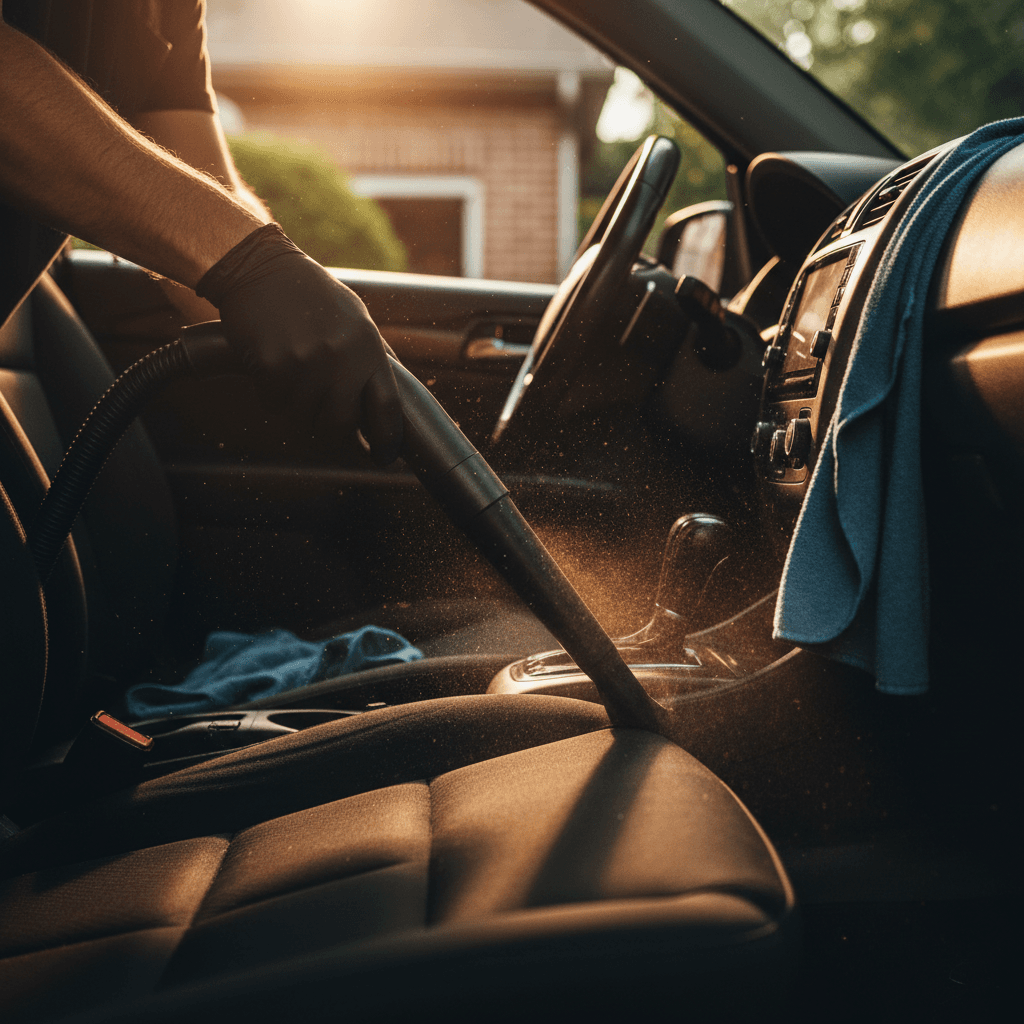 Detailer vacuuming the interior of a vehicle