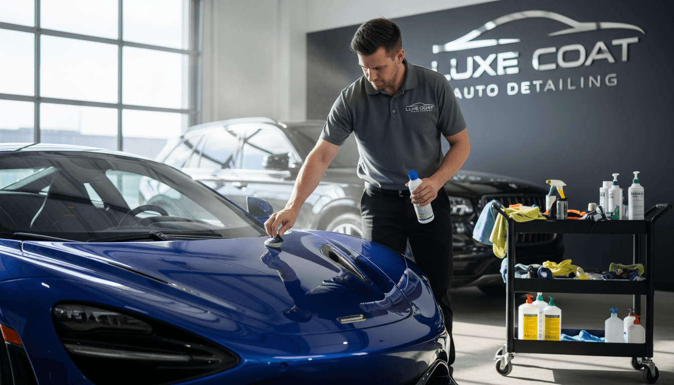 Professional detailing technician applying protective coating to vehicle