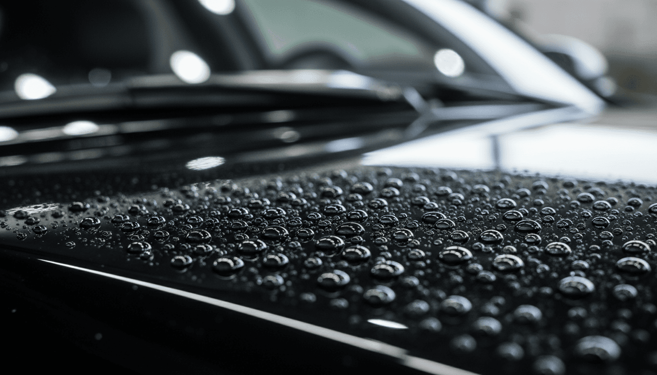 Close-up of water beads on freshly detailed car surface showing professional quality