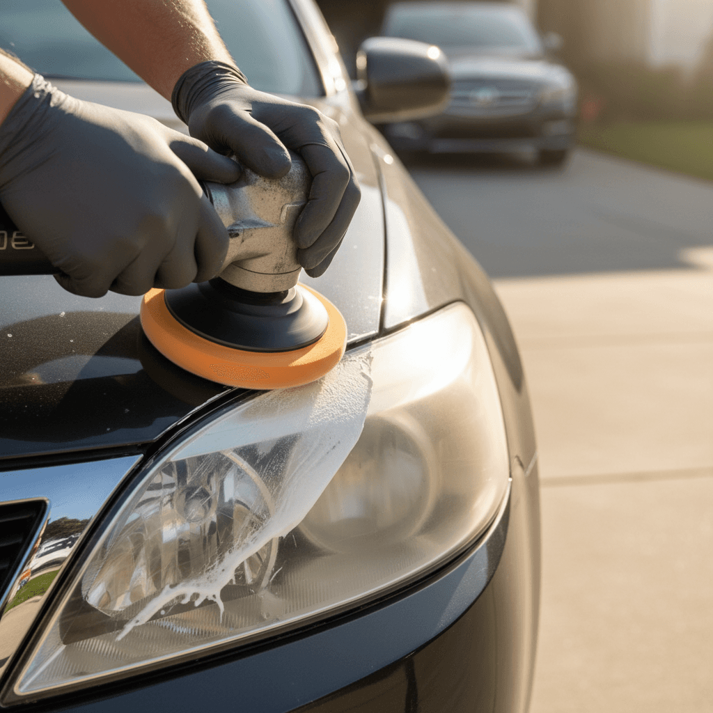Professional detailer polishing a vehicle's headlight