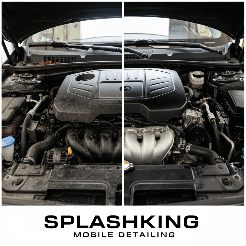 Engine bay before and after cleaning