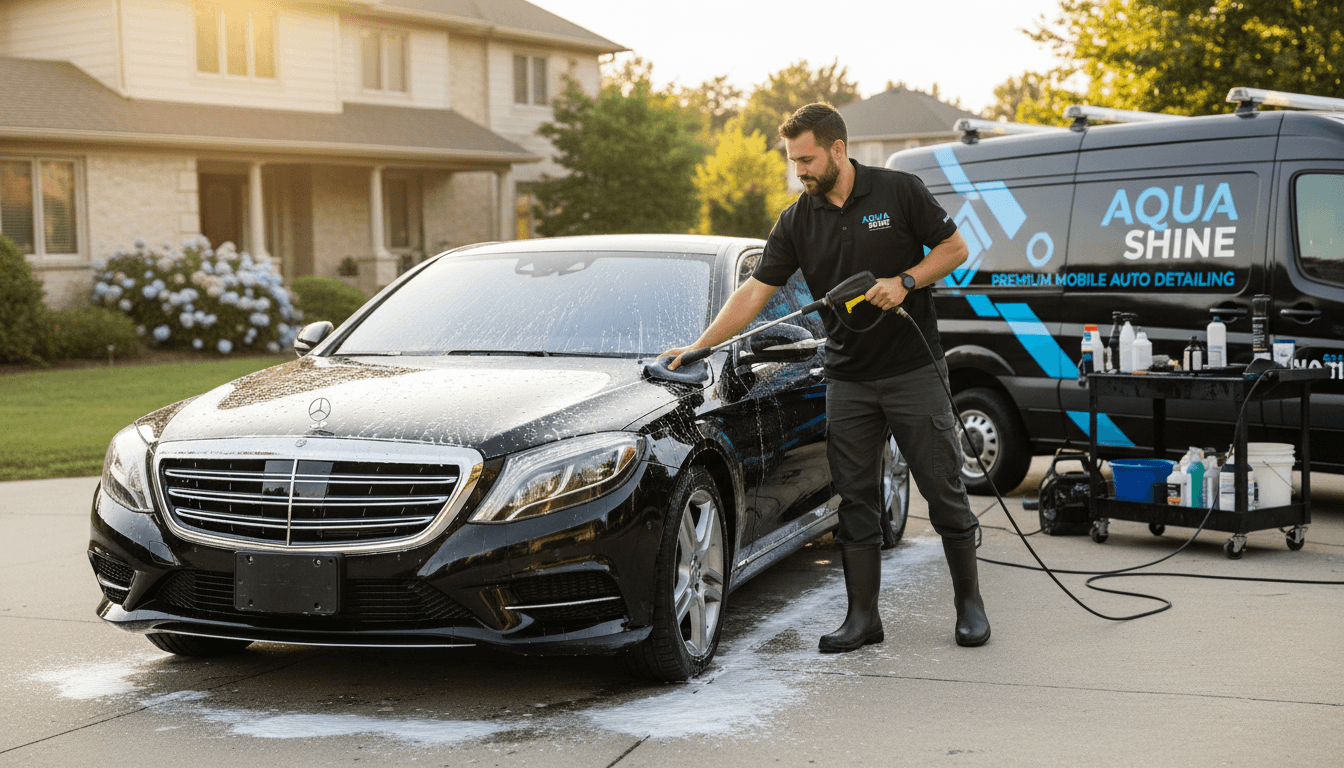 Professional detailer washing a luxury vehicle on a residential driveway with professional equipment