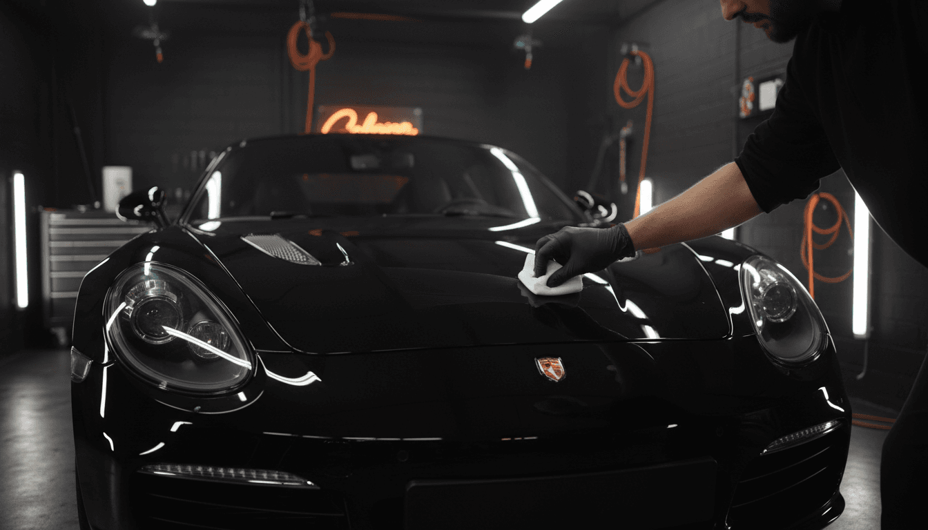 Professional detailer applying protective coating to car hood with precision