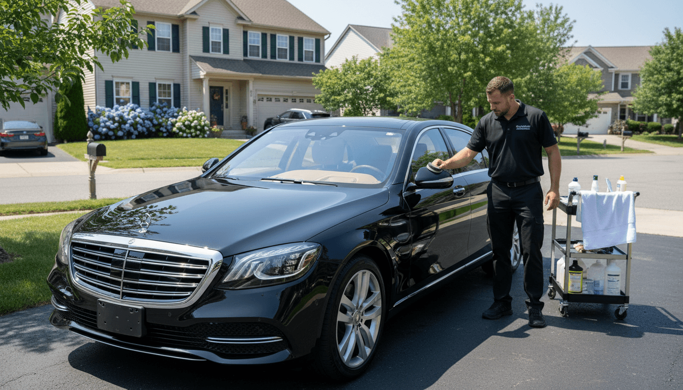 Professional mobile detailer applying paint protection to clean vehicle in customer driveway