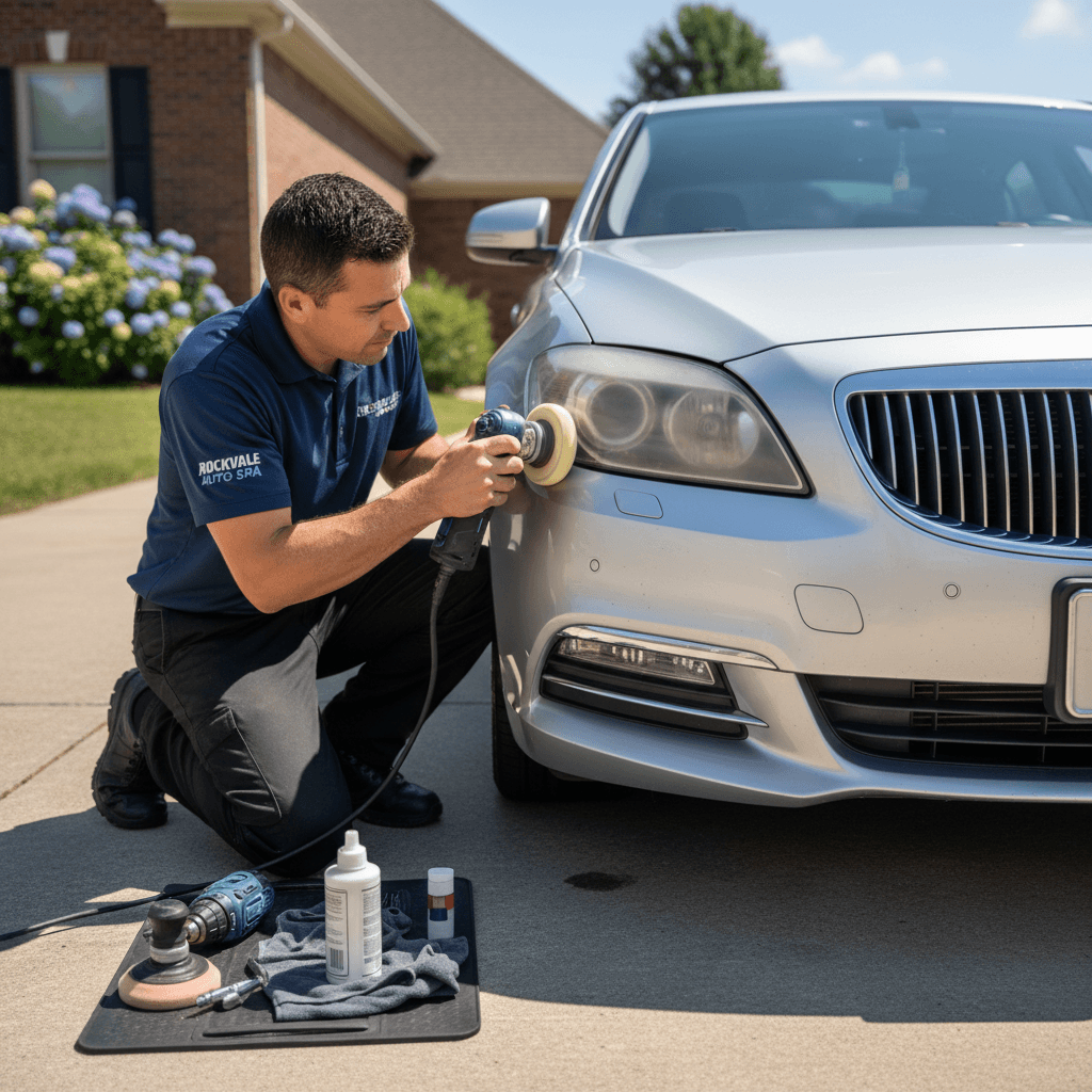 Professional headlight restoration in progress