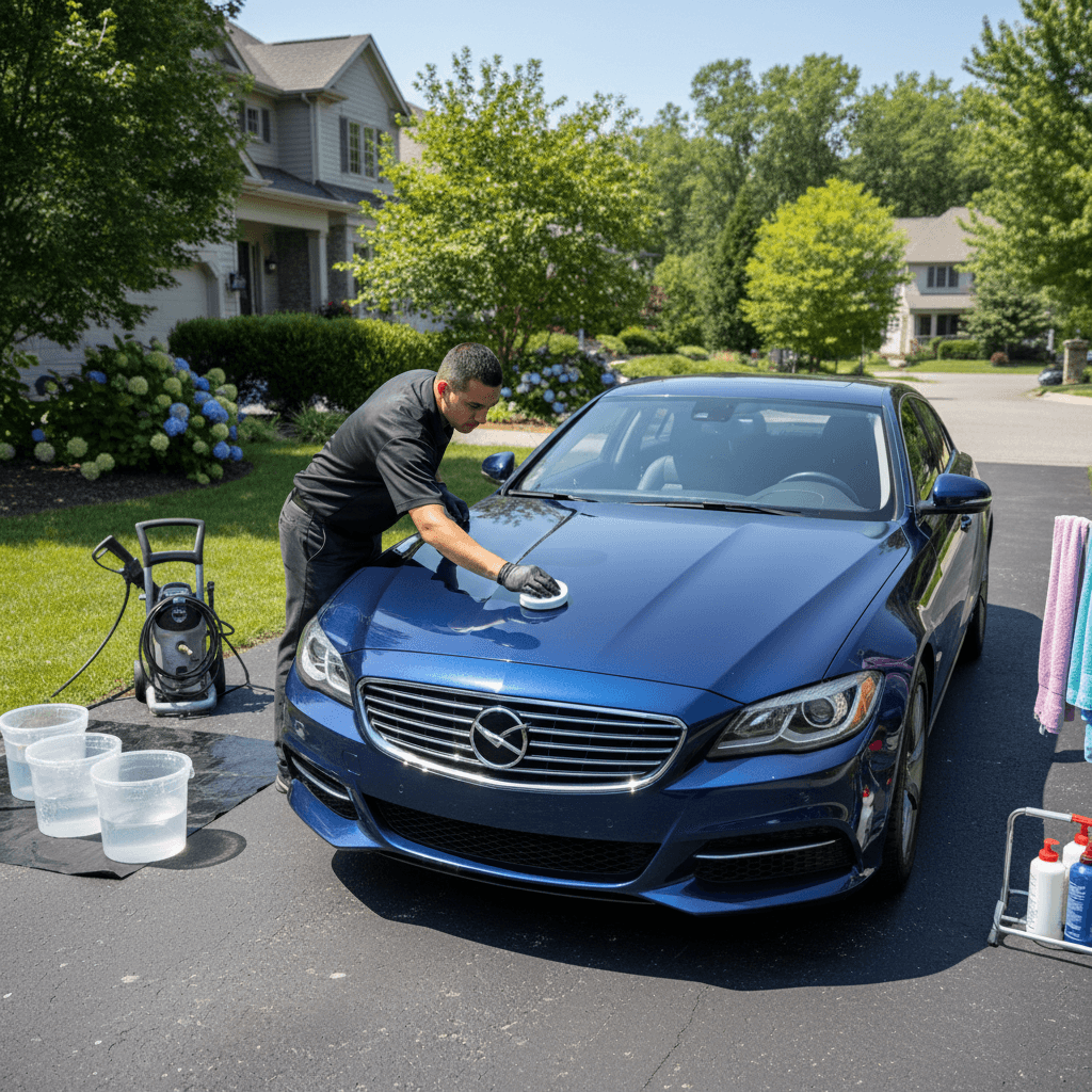 Exterior wash and wax service in progress