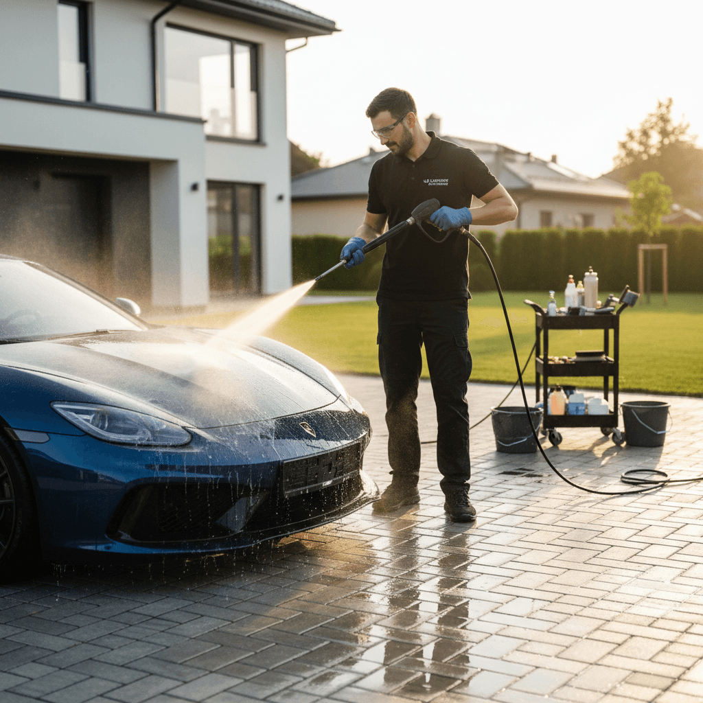 Mobile detailing service washing vehicle exterior