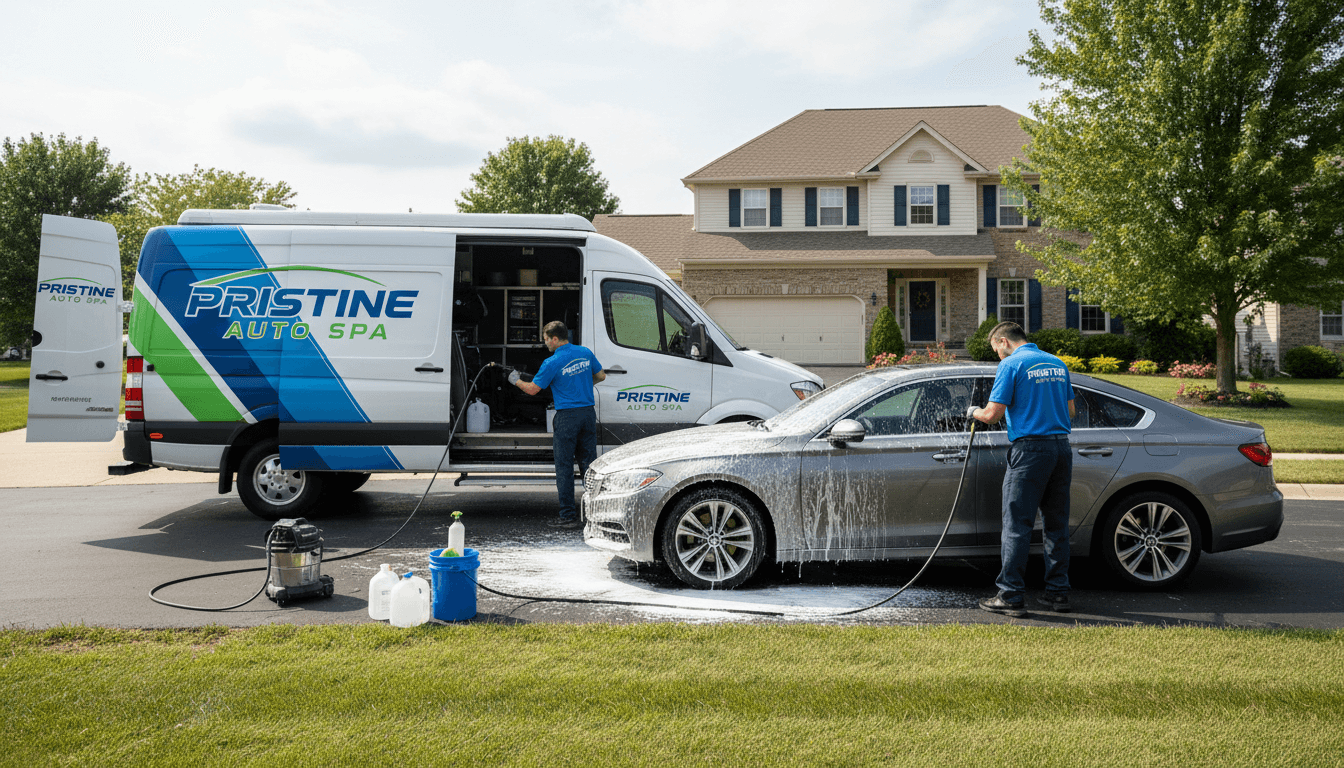 Professional detailer working on a vehicle at a customer's home with professional equipment