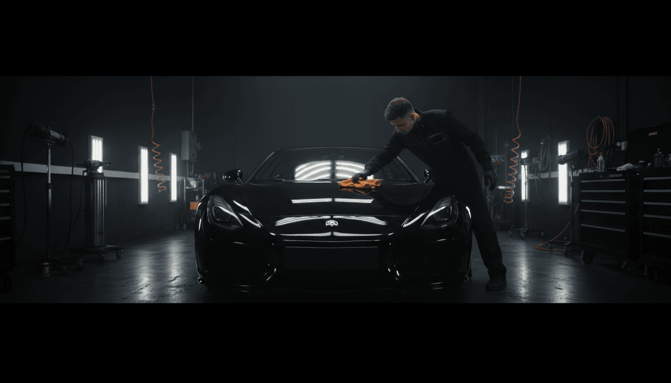 Professional detailer polishing a car's hood under studio lighting in a modern detailing bay
