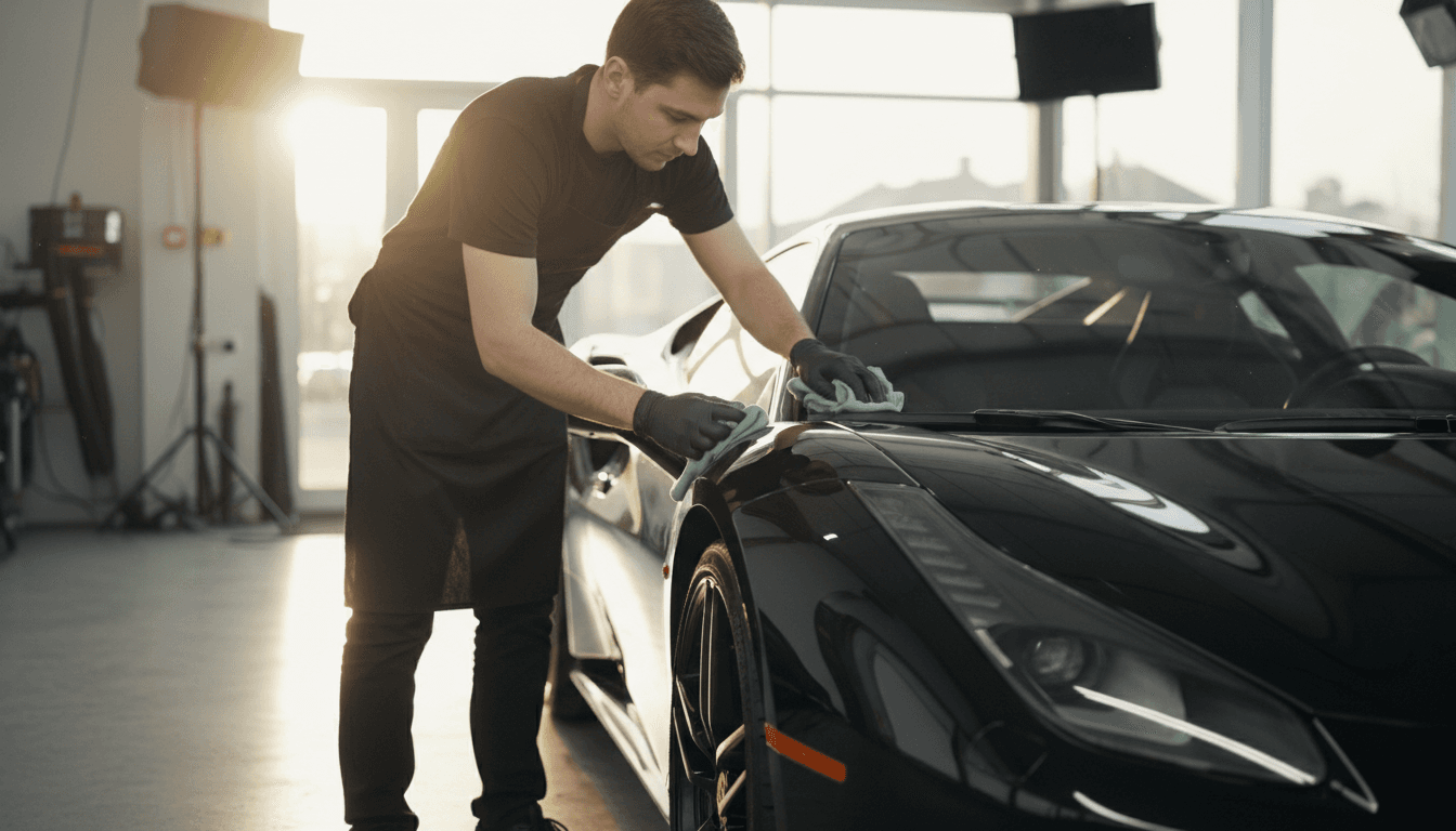 Professional detailer polishing a clean car exterior