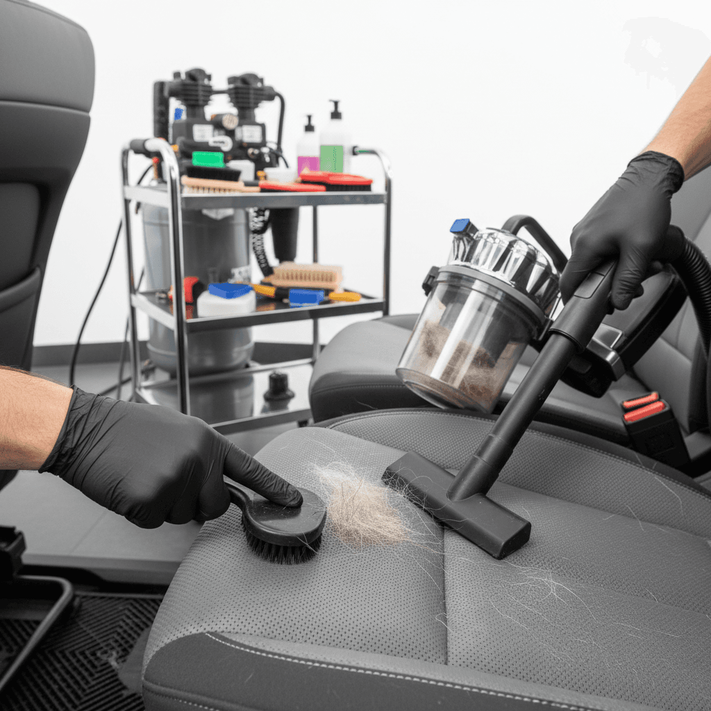 Pet hair removal from car seats and upholstery using professional cleaning tools in bright studio light