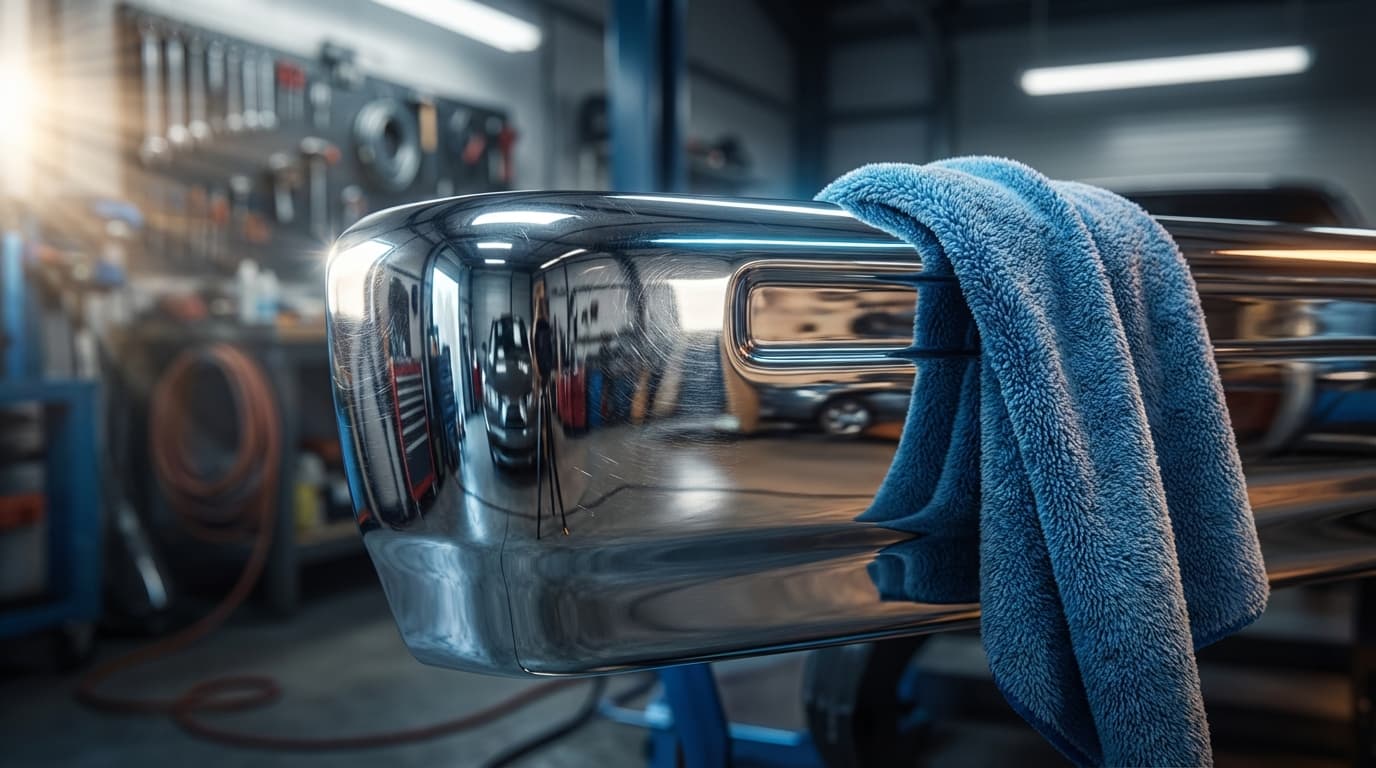 A fresh, detailed aesthetic extreme close-up of a professional detailer's hands polishing a vehicle headlight with a specialized restoration compound and buffing pad.