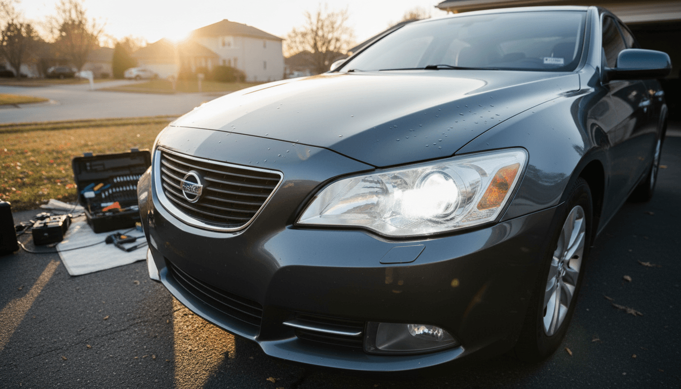 Side-by-side comparison of restored clear headlight versus cloudy unrestored headlight on vehicle exterior