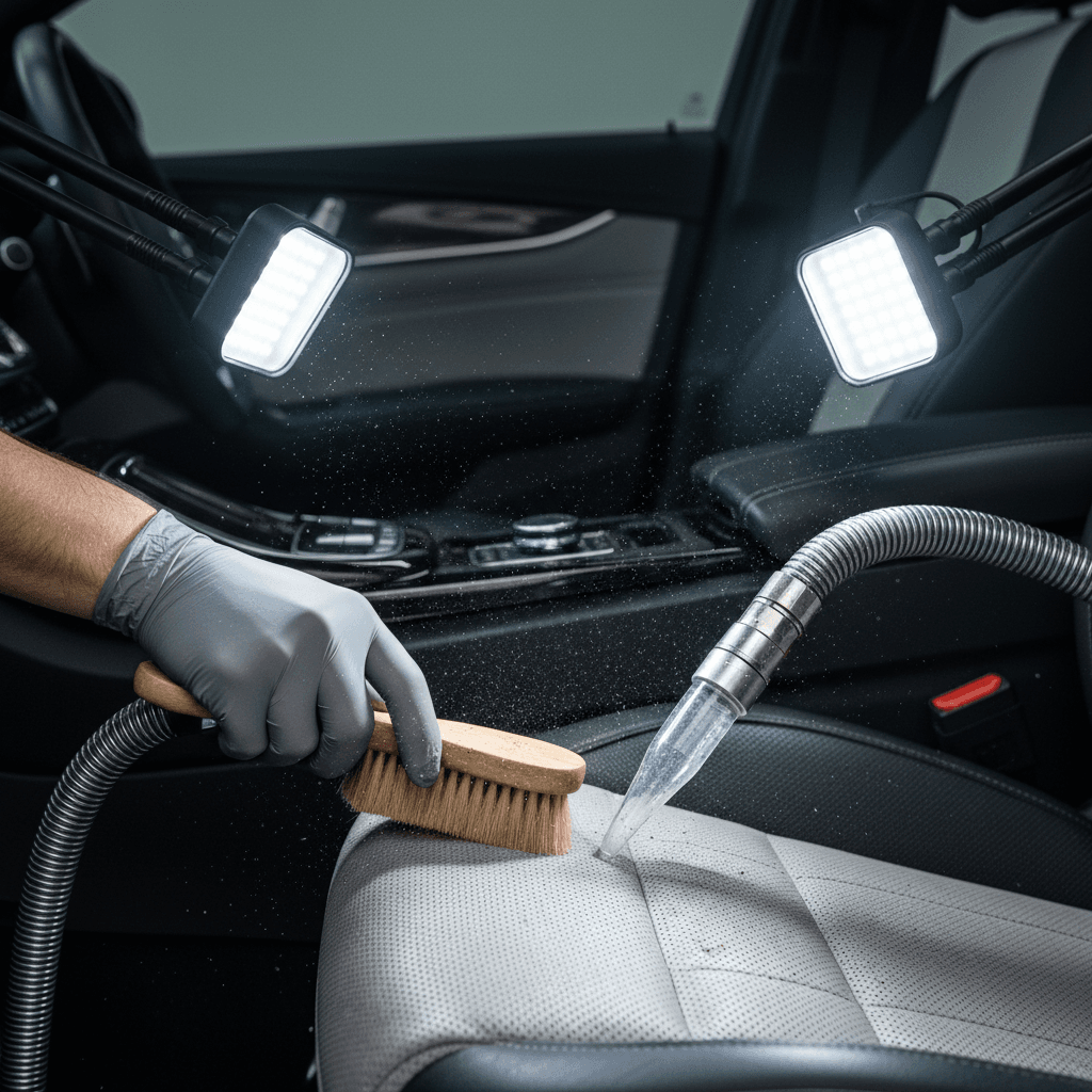Detailer using specialized brush and extraction equipment to clean vehicle interior upholstery and fabric seats