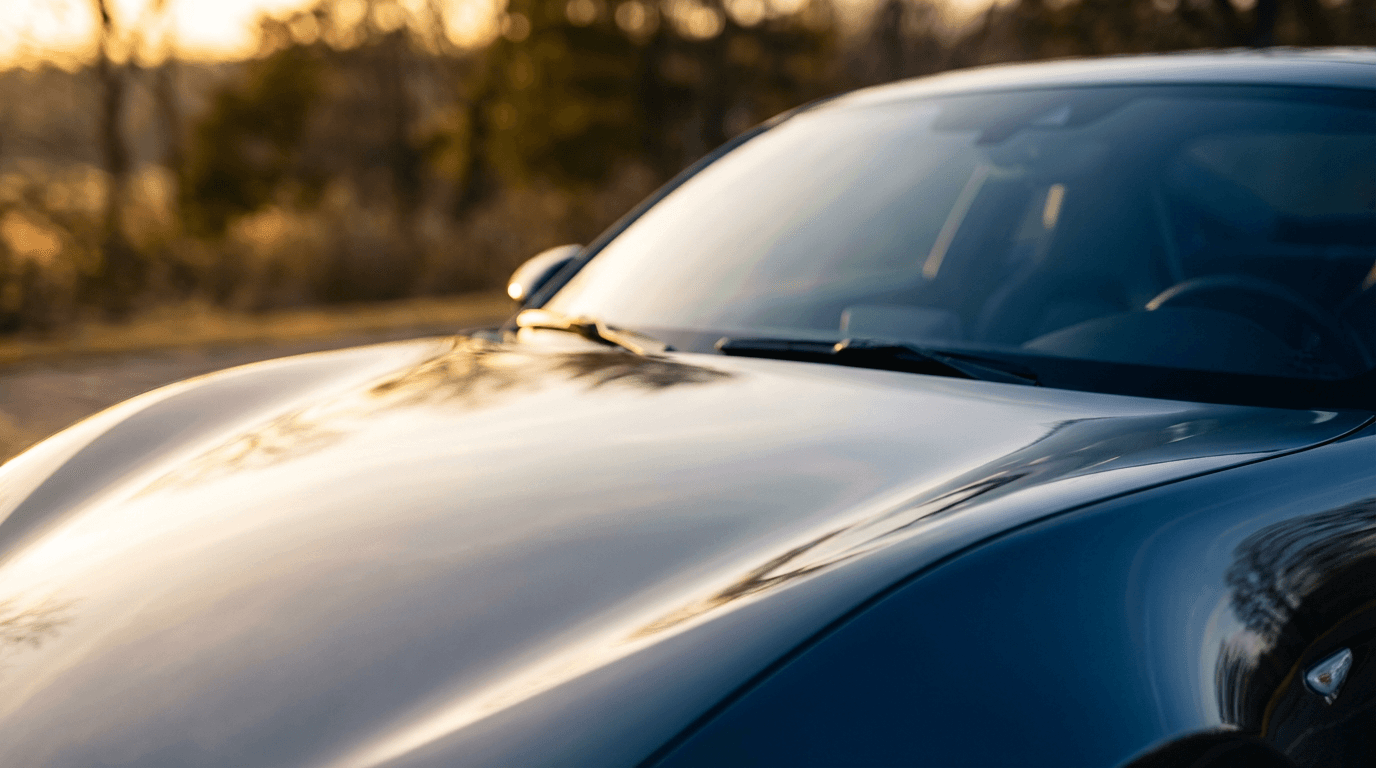 Freshly detailed luxury car hood reflecting golden sunlight, detailer polishing with precision