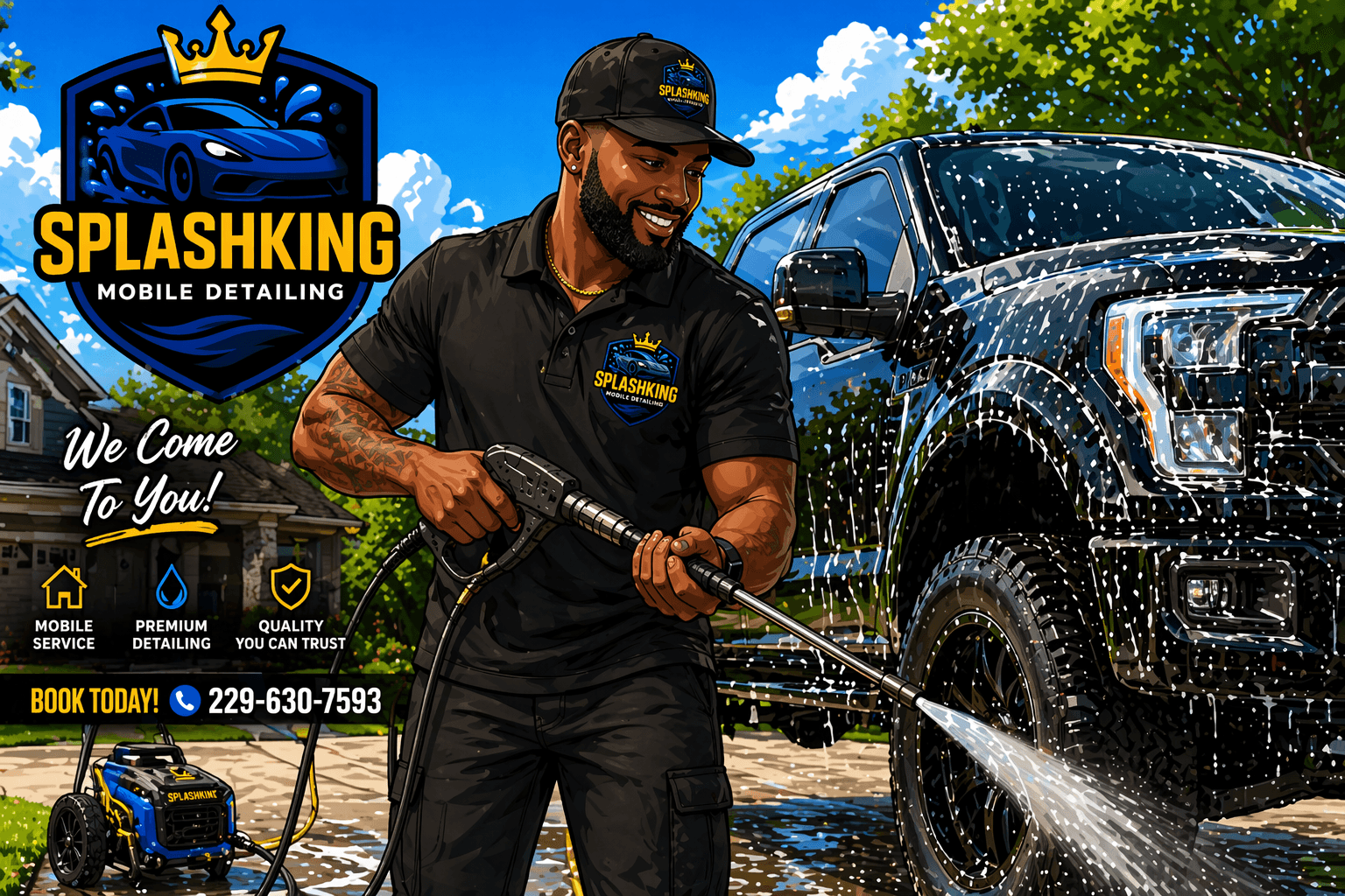 Professional detailer power washing a soapy black truck for SplashKing Mobile Detailing promotional graphic.