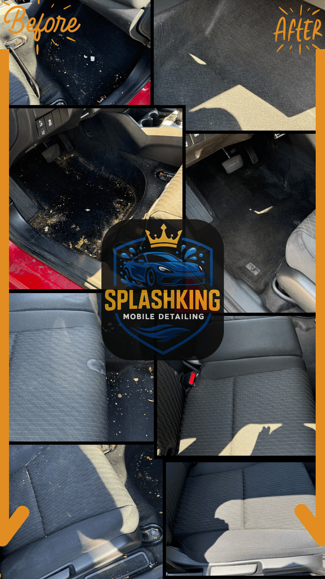 Before and after photos of a dirty car interior professionally cleaned by Splashking Mobile Detailing.