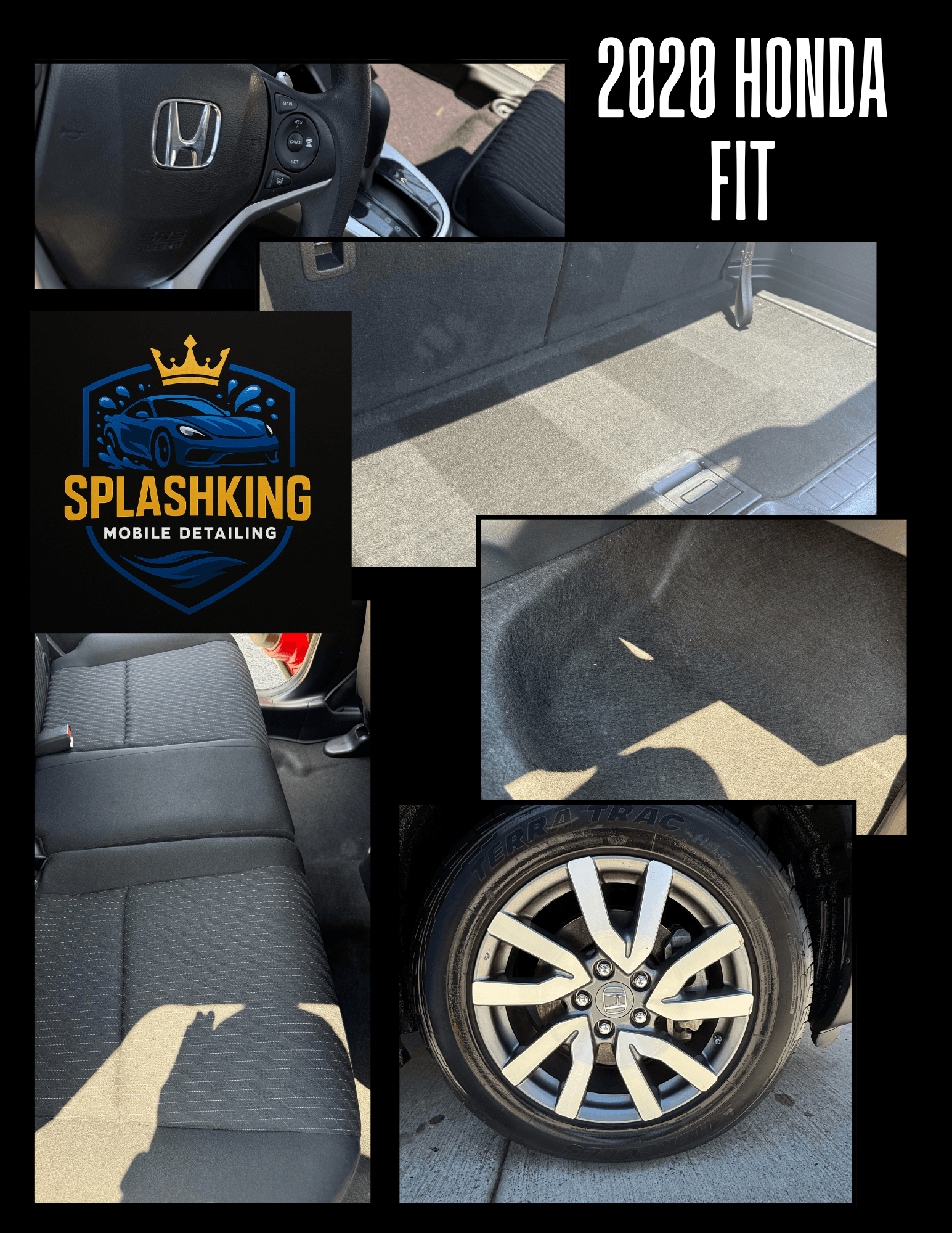 Detailed 2020 Honda Fit interior, trunk, and wheel showcased by Splashking Mobile Detailing collage.